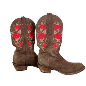 El General Womens 9.5 Brown Suede Floral Embroidered Square Toe Western Boots